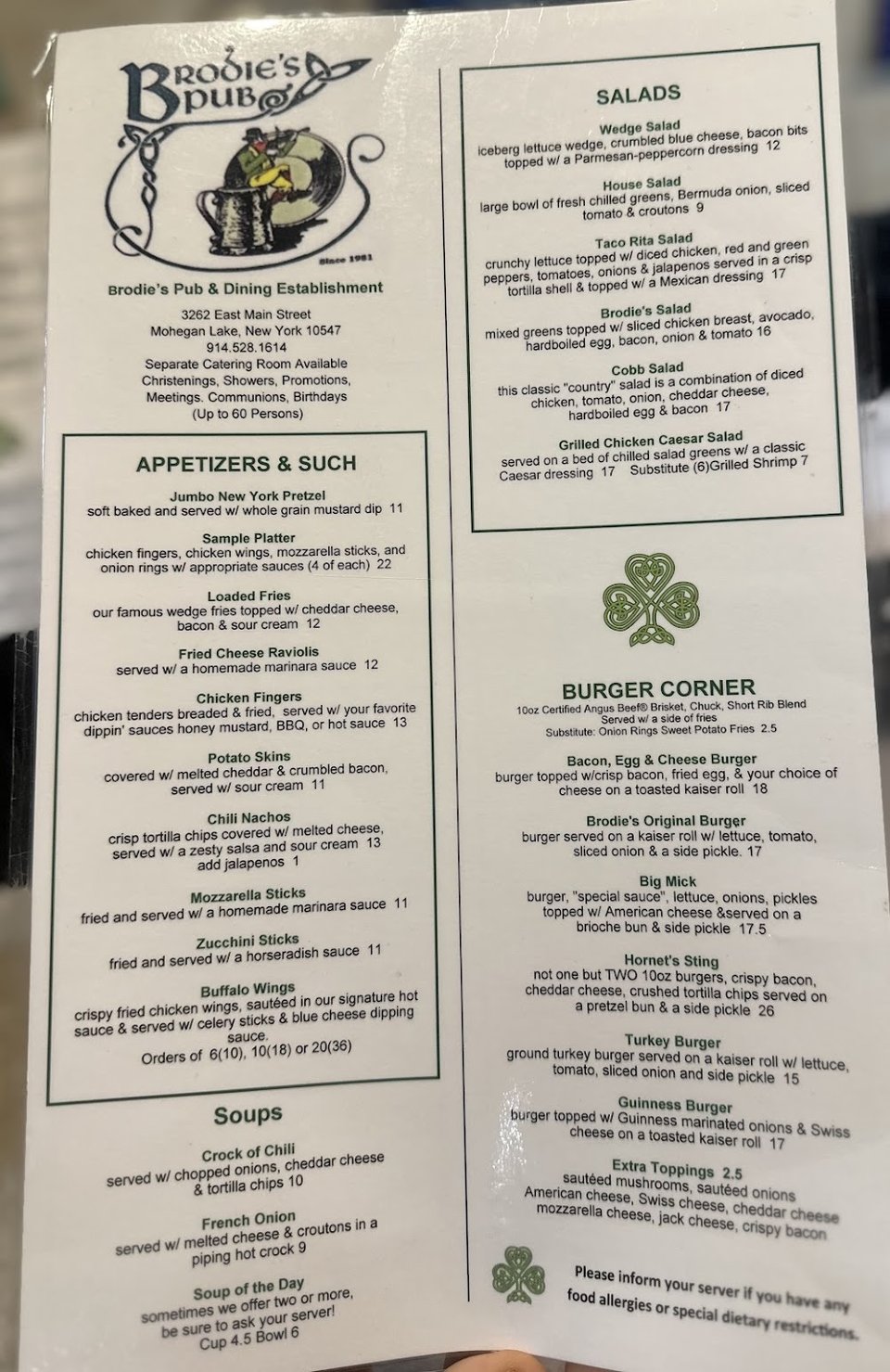 Menu page showing salads and hearty entrees.