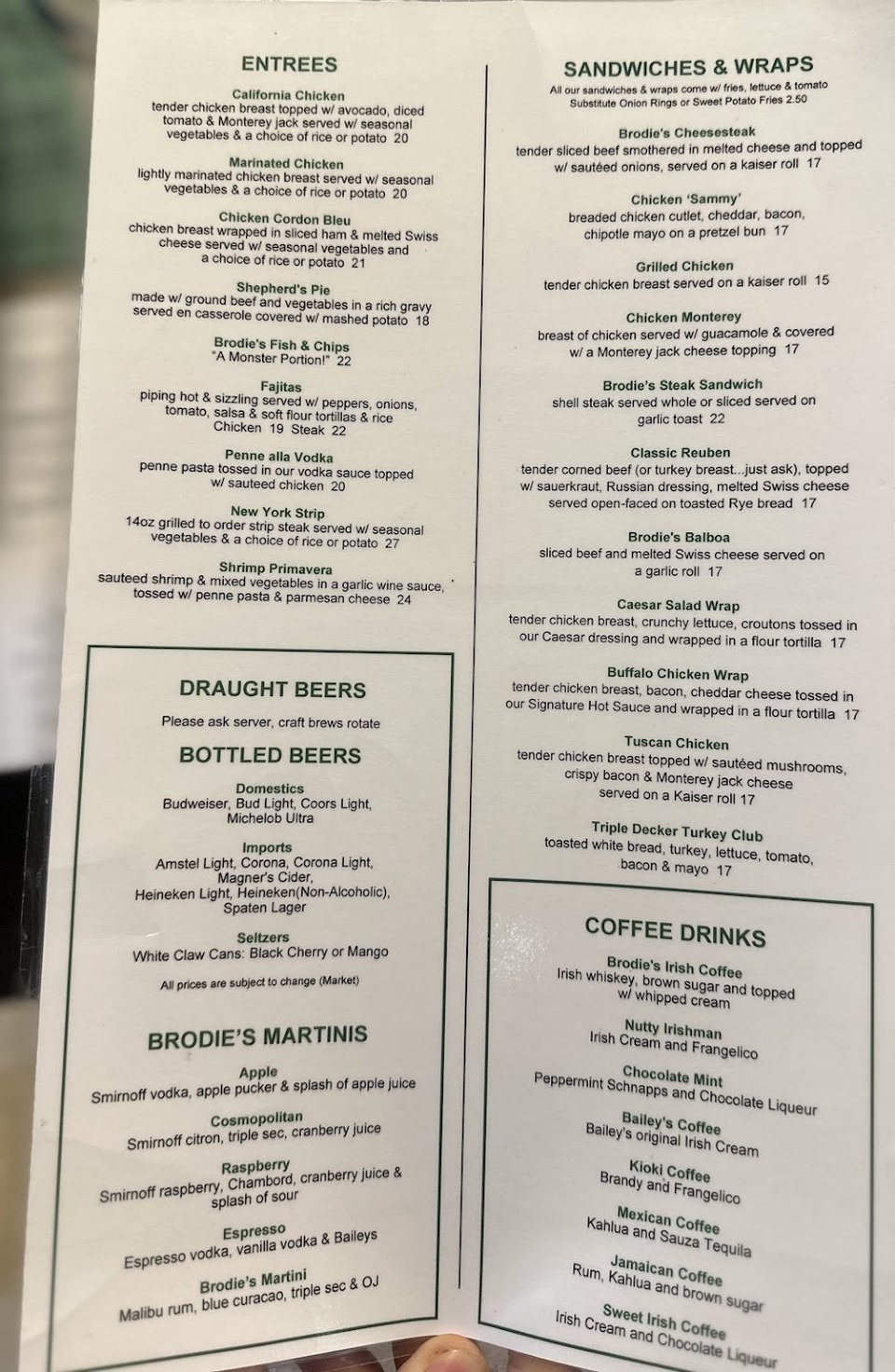 Printed menu with Irish pub dishes listed.
