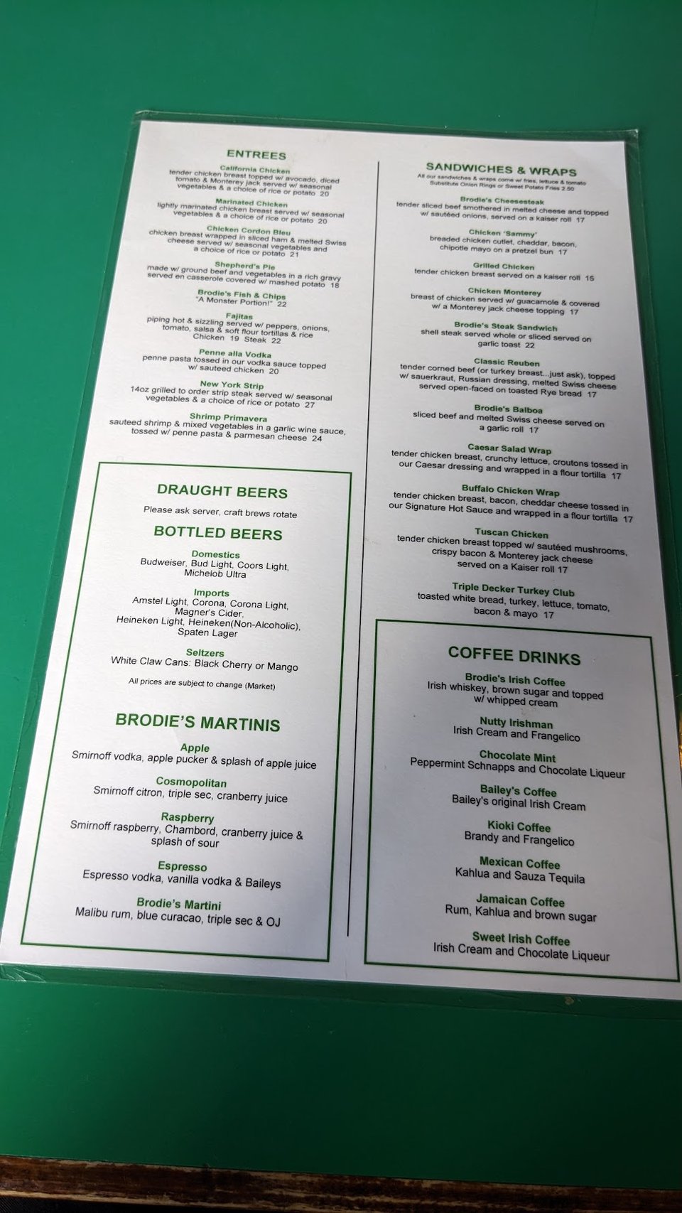 Menu layout with familiar pub favorites.