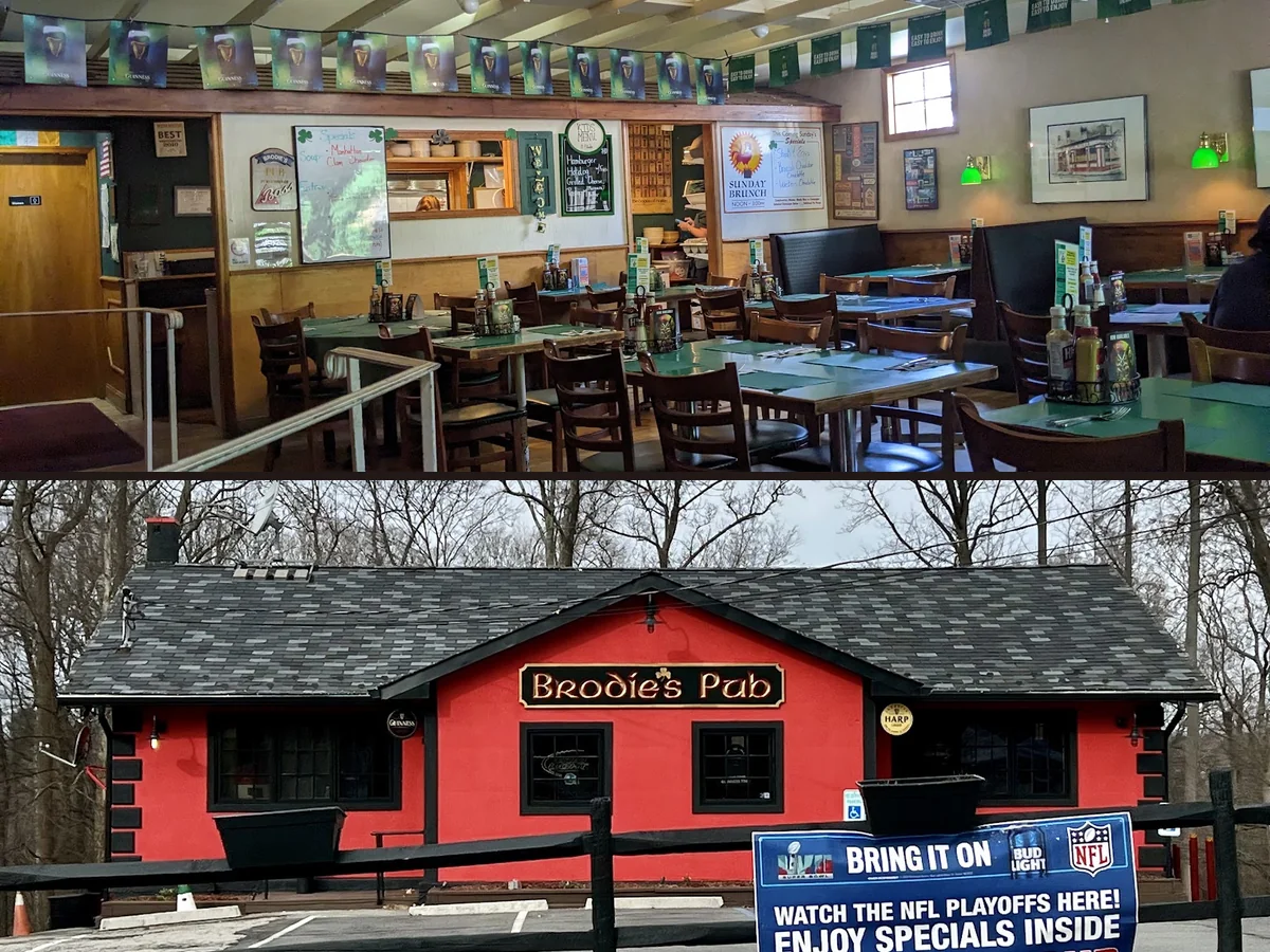 Cozy Irish pub interior with dark wood tables.
